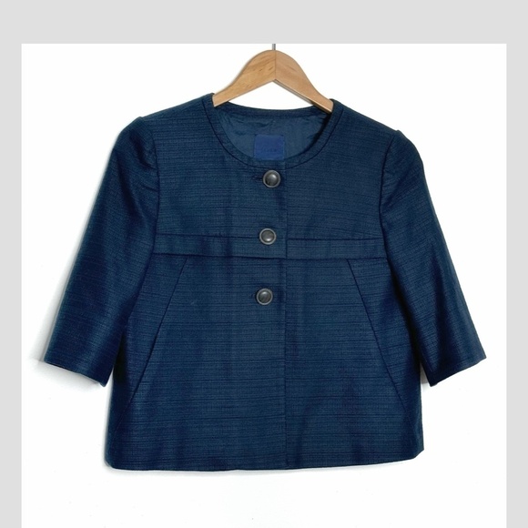 J Crew Blazer Cropped Jacket 3 Button Closure Navy Blue Textured Elbow Sleeves 8 - Picture 1 of 9